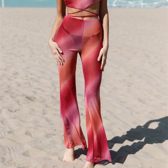 Multi Color Tie-Dye Mesh Halter Neck Lace Down Back Wrap Top & Flare Pant S - Picture 3 of 6